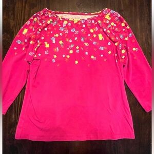 Vibrant Pink/Purple cotton blend tee with floral yoke, 3/4 sleeves, LP